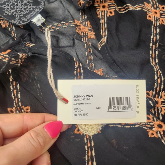 Johnny Was Dress XL Black Orange Sheer Embroidered Mock Neck Ruffle Button NEW - Picture 9 of 12